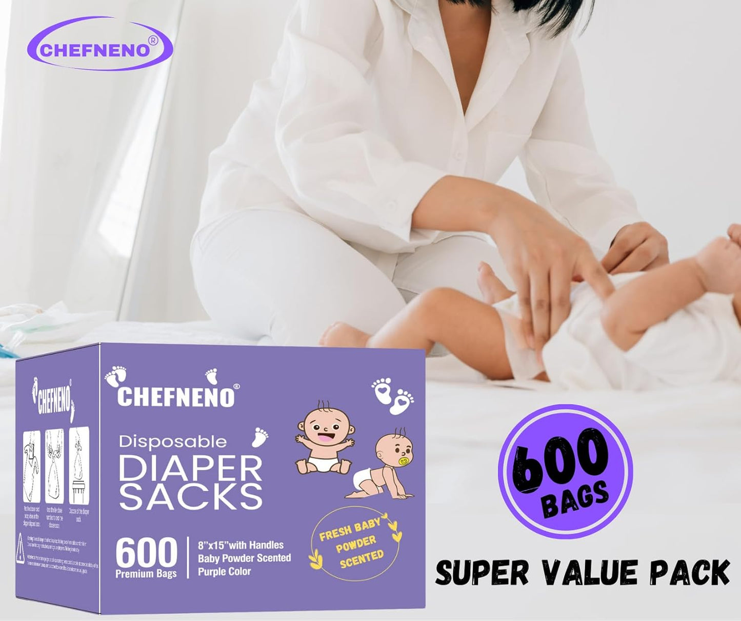 Baby Disposable Diaper Sacks (500 ct.) Fresh Baby Powder Scented Bulk Easy-Tie Diaper Sacks Nursery Trash Bags Dog Poop Bags Cat Litter Waste Bags Sanitary Pads Disposal Bags (500 Bags, Blue)