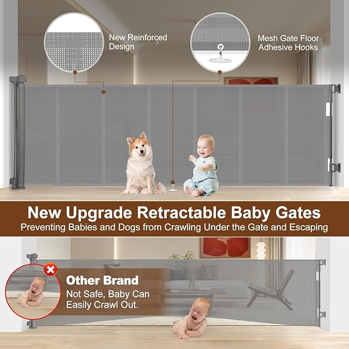 Miumoon 120 inch Retractable Baby Gates 34 inch Tall, Retractable Gate with Reinforced Strip Design to Prevent Crawling Through, 10 FT Extra Wide Retractable Dog Gate for Indoor/Outdoor