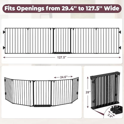 127.5" Extra Wide Baby Gate for Fireplace Christmas Tree, Configurable 5 Metal Panels Baby Fence, Child Gate for Wide Openings with Anti-Trip Pedal, Long Kid Gate for Dog Pet, 28'' Tall Black