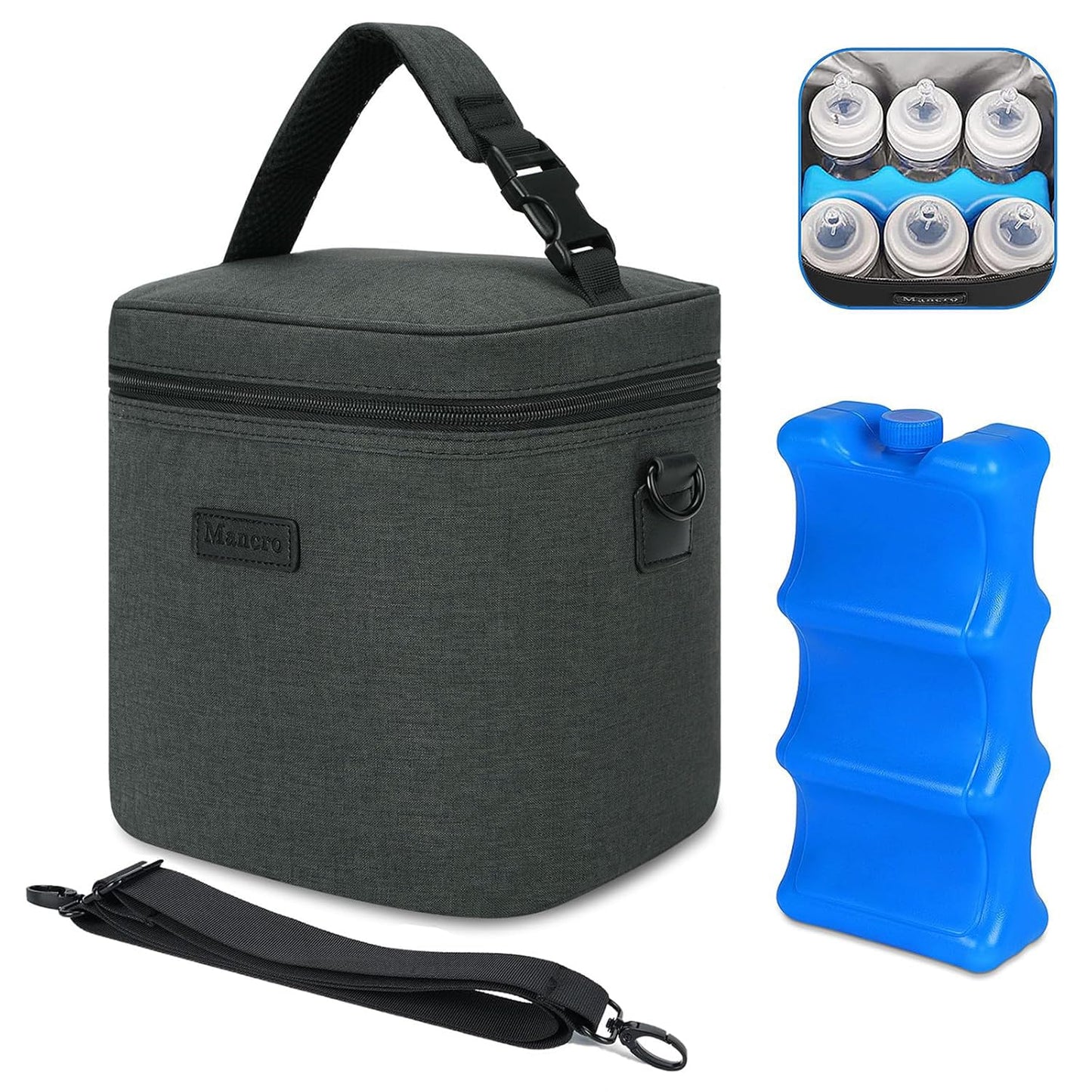 Mancro Breastmilk Cooler Bag with Ice Pack, Fits 6 Baby Bottles Up to 9 Ounce Insulated Baby Bottle Bag, Breast Milk Cooler on The go with Strap, Bottle Storage Bag for Nursing Mom Daycare, Black