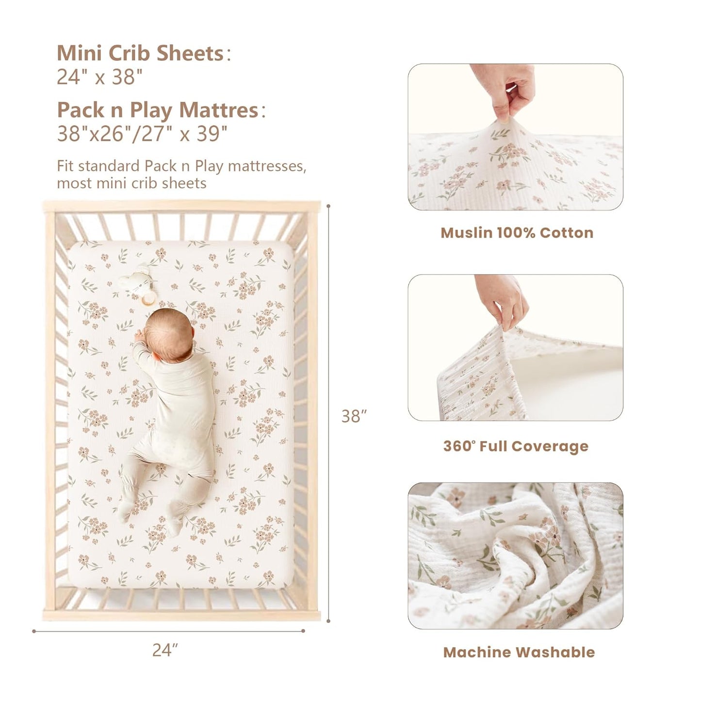 Konssy Muslin Mini Crib Sheets, 100% Soft Cotton Pack and Play Sheets for Pack N Play Mattress, Playard Baby Crib Sheets for Baby Girls (Floral, Pink)