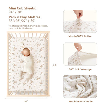 Konssy Muslin Mini Crib Sheets, 100% Soft Cotton Pack and Play Sheets for Pack N Play Mattress, Playard Baby Crib Sheets for Baby Girls (Floral, Pink)