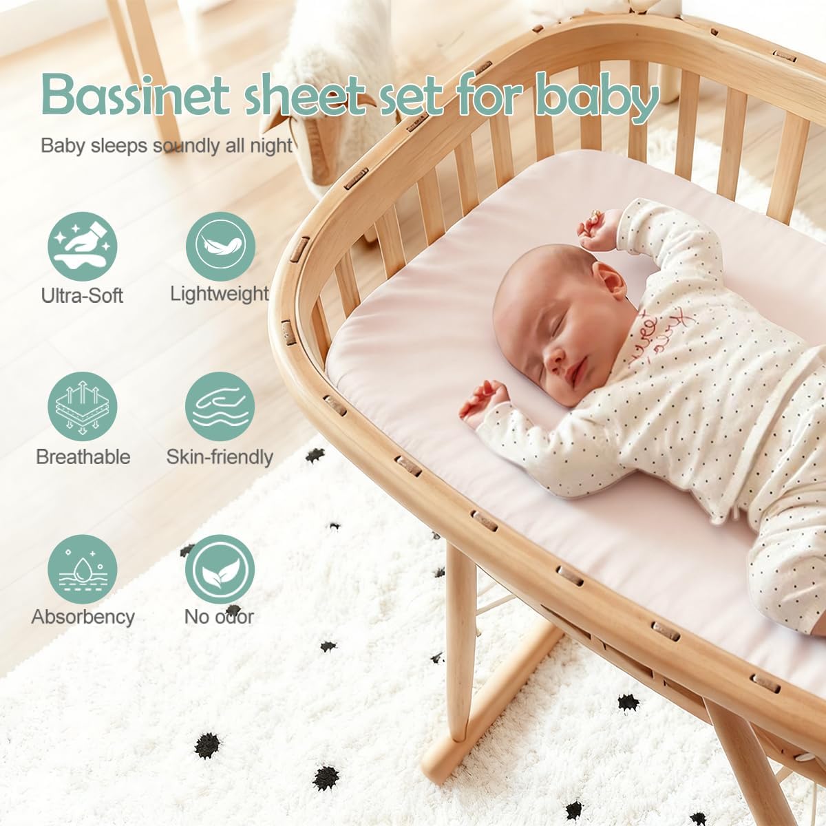 4 Pack Bassinet Sheets (19" x 33"), Compatible with Baby Delight, BabyBond, Dream On Me and Most Rectangle Bedside Sleeper Bassinet Mattress, Soft and Skin-Friendly, Mint Green and Color Rainbow