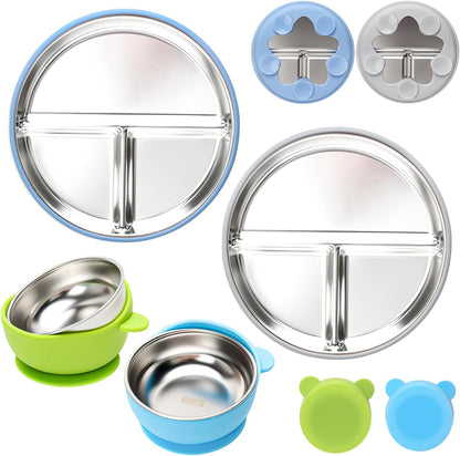 MISSLILI Stainless Steel Baby Plate and Bowls with Suction, Divided Kids Baby Plate and Toddler Bowl with Removable Silicone Suction, Non-Slip Baby Feeding Set Dishwasher Safe，4 Packs