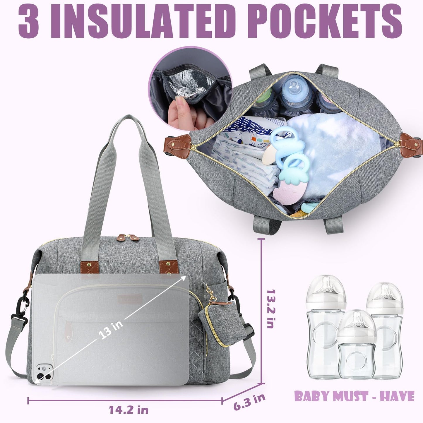Tuwubi Diaper Bag Tote,Baby Diaper Bag with Pacifier Case Large Travel Diaper Tote Caddy for Mom and Dad Multifunction Large Baby Bag - M-Pink