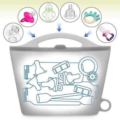Silicone Microwave Steam Sterilizer Bags for Travel Large Reusable Feeding Bottle Sterilization Pouches Quickly Sterilizes Breast Pump Parts,Pacifiers,Teethers Lightweight and Foldable (Grey-1pcs)