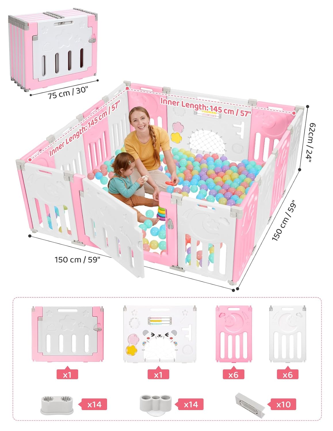 Baby Playpen, Dripex Baby Playard for Babies and Toddlers, 14-Panel Foldable Playpen Adjustable Portable Play Area, Indoor/Outdoor Kids Active Center with Game Panel & Safety Gate, Grey White