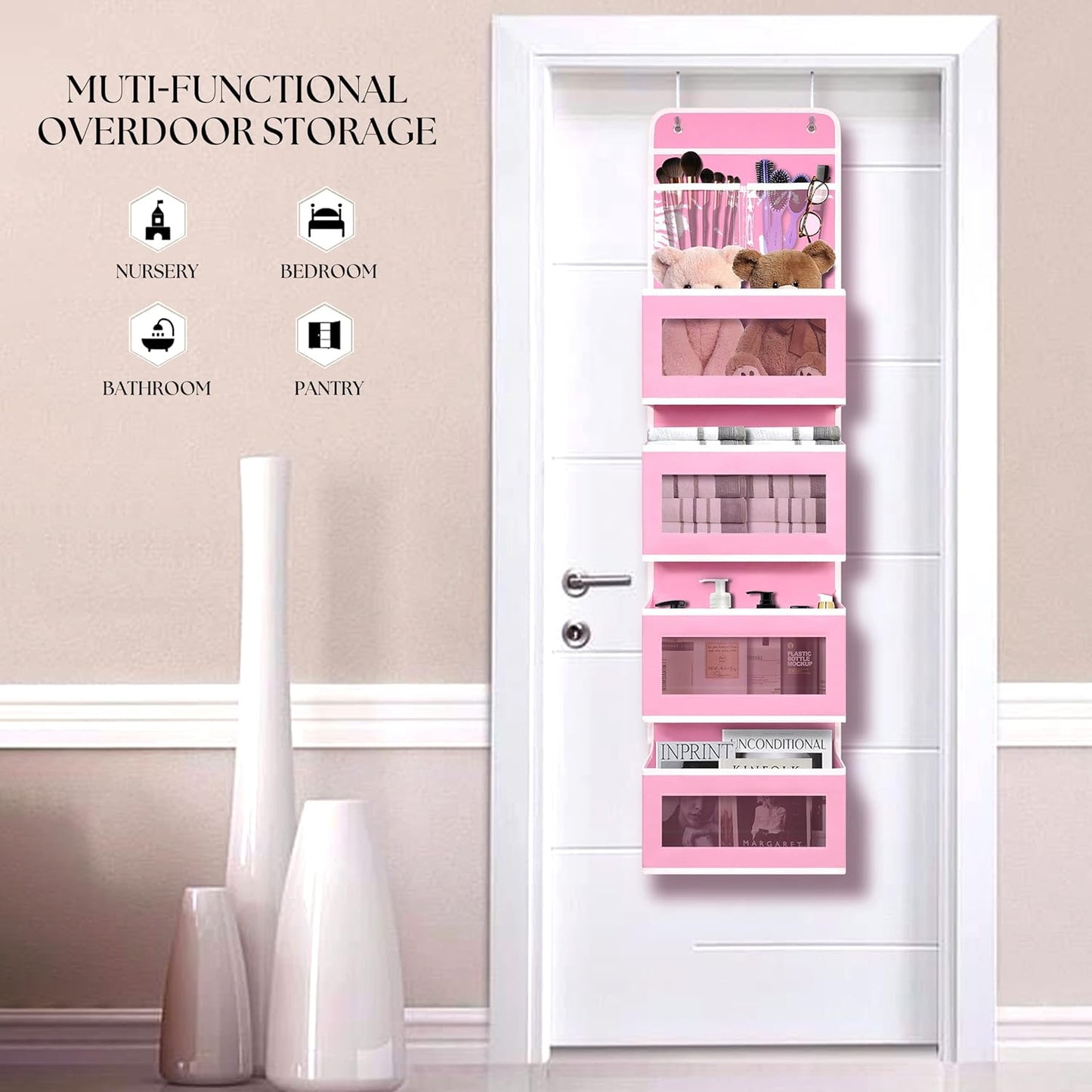 Giraffe Creation Over Door Organizer with 4 Large Capacity Pockets, Hanging Organizer Storage for Closet Bathroom Nursery Bedroom Dorm, Toys Cosmetics Sundries and Baby Essentials, Pink