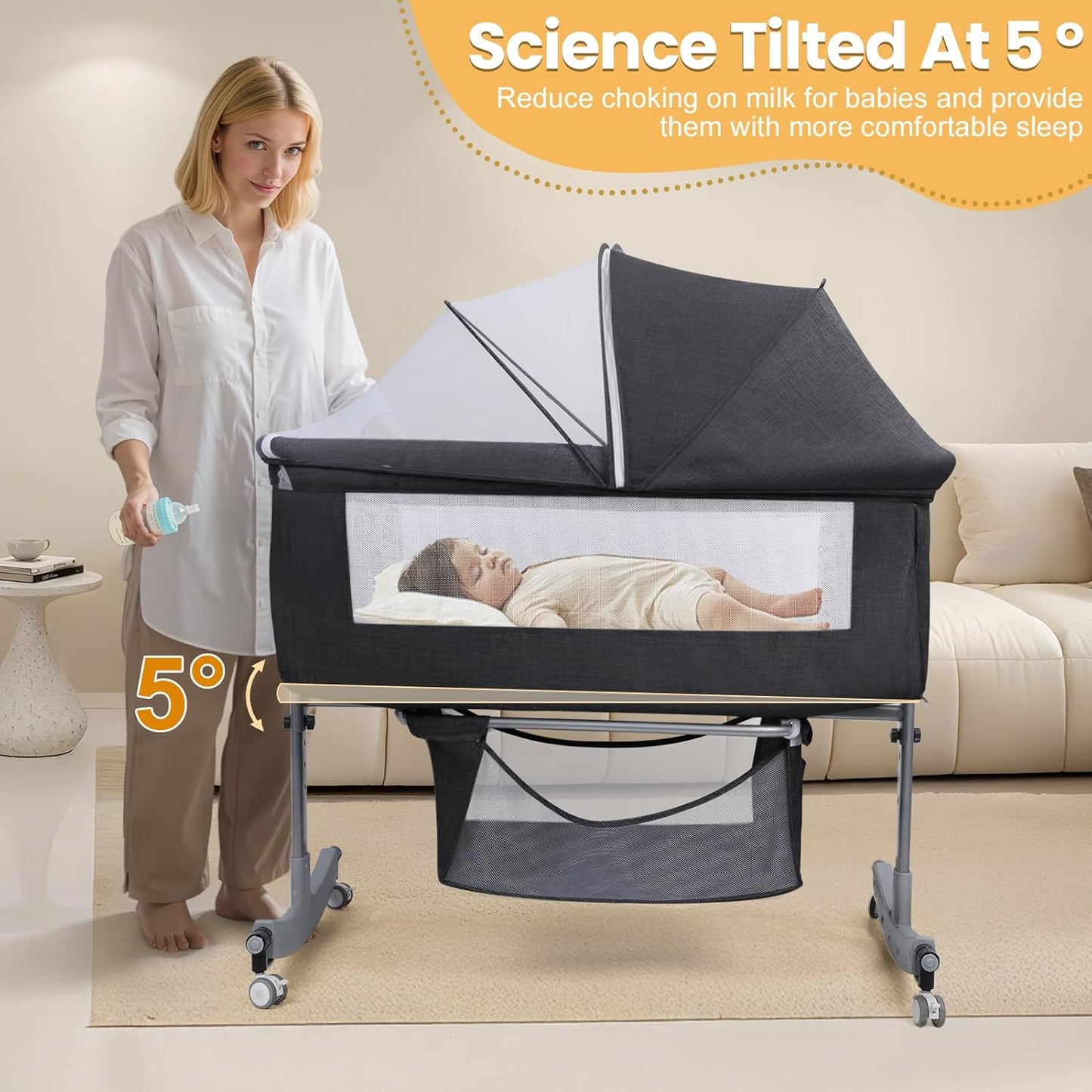 Bedside Bassinet Baby Crib, 3-in-1 Bedside Crib with Storage Basket, 6 Levels Height Adjustable Baby Bassinet with Mosquito Net and Wheels, Portable Newborn Infant Cradle Black
