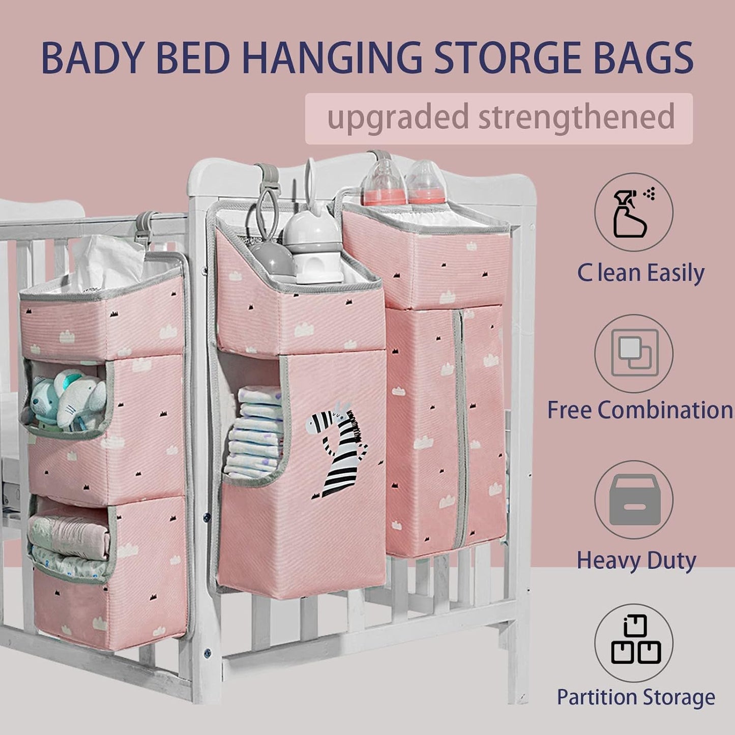 Hanging Diaper Caddy Organizer for Baby Crib - 3-in-1 Diaper Stacker for Changing Table Nursery Organization Storage Holder for Baby Essentials Attachment Portable Combining (Light grey)