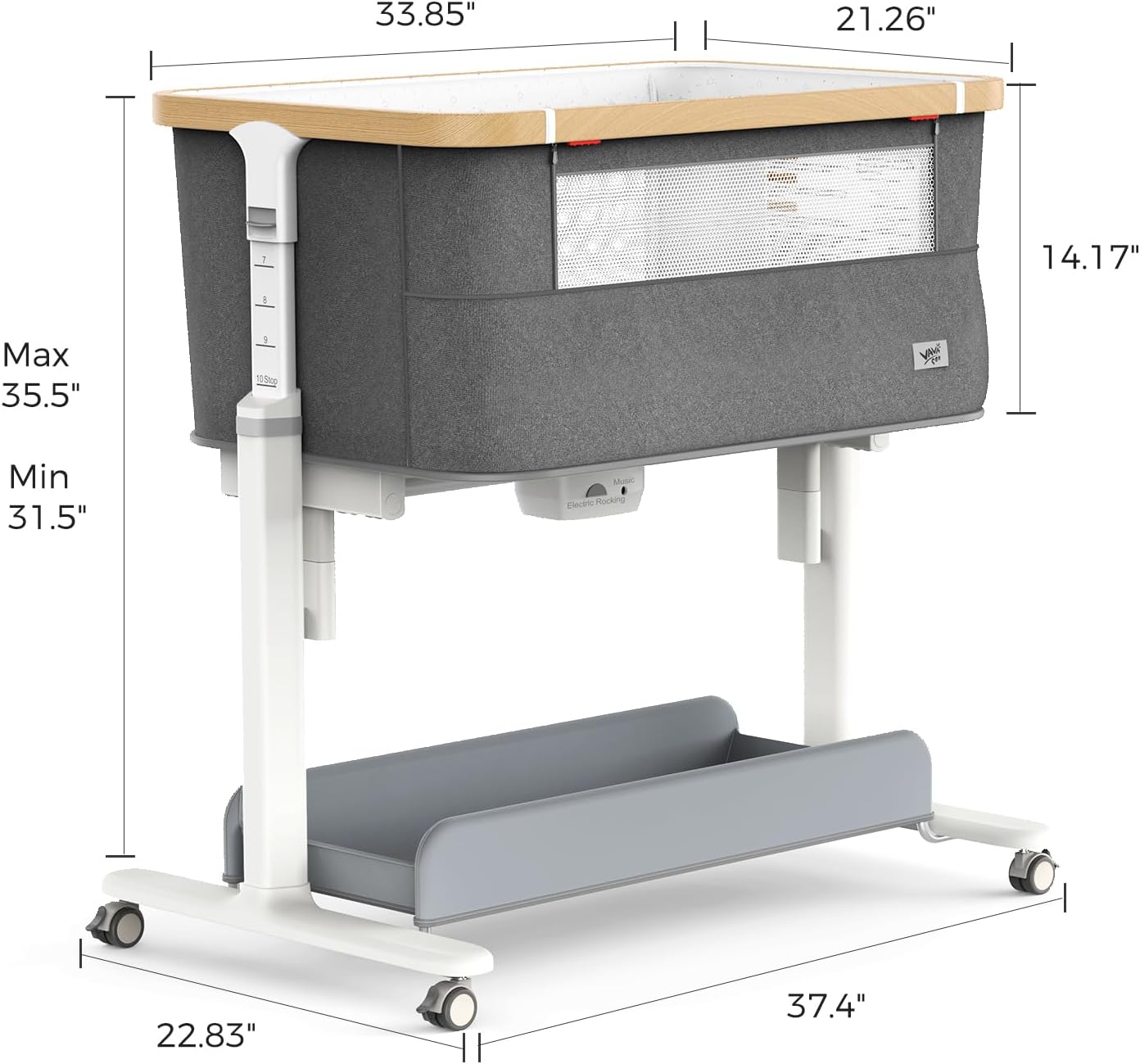 VaVaSoo Electric Rocking Bassinet for Baby Automatic Bedside Sleeper Rocks Itself 3 Speeds Auto Rolling Newborn Cradle 5 Height Adjustable with Music, Wheels, Storage, Dark Grey