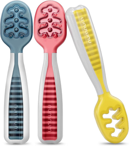 NumNum Baby Spoons Set, Baby Essentials Pre-Spoon GOOtensils for 6+ Months, First Stage Self-Feeding Spoons for Baby Led Weaning (BLW), Silicone Toddler Utensils, BPA-Free, 2 Pack Gray/Green