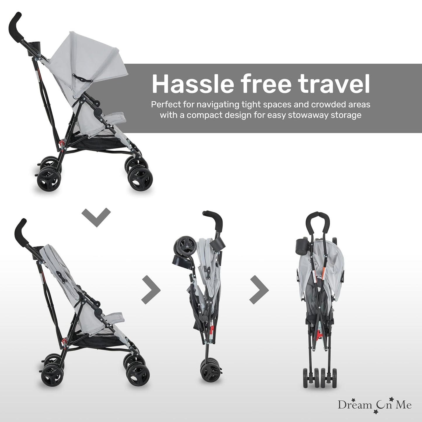 Dream On Me Rover Convenience Baby Stroller – Lightweight & Compact Travel Umbrella Stroller, Quick One-Hand Fold, Lockable Rear Wheels, Adjustable Canopy, 3-Point Safety Harness & Cup Holder – Grey