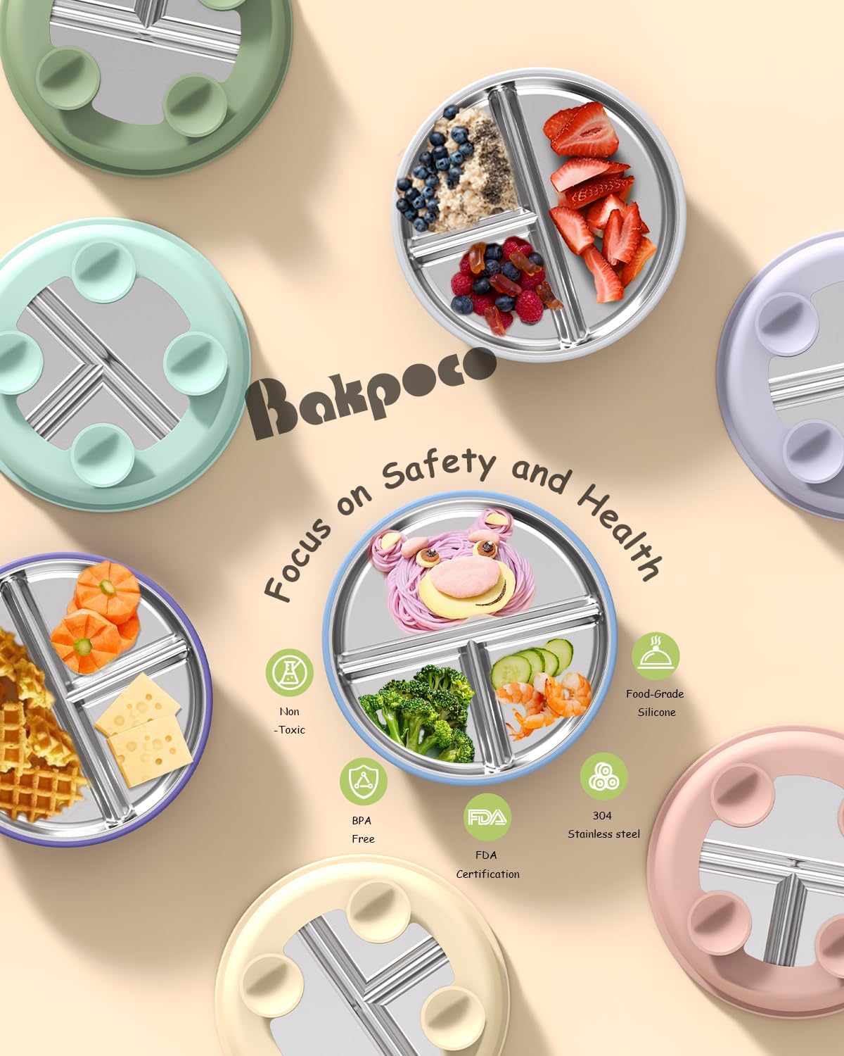 Bakpoco Stainless Steel Toddler Plate with Suction, 9” Divided Plates with Removable Silicone Sleeves for Kids, Non Toxic & BPA Free | Non Slip | Unbreakable Baby Snack Dishes Set of 2, Blue & Gray