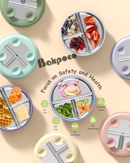 Bakpoco Stainless Steel Toddler Plate with Suction, 9” Divided Plates with Removable Silicone Sleeves for Kids, Non Toxic & BPA Free | Non Slip | Unbreakable Baby Snack Dishes Set of 2, Blue & Gray