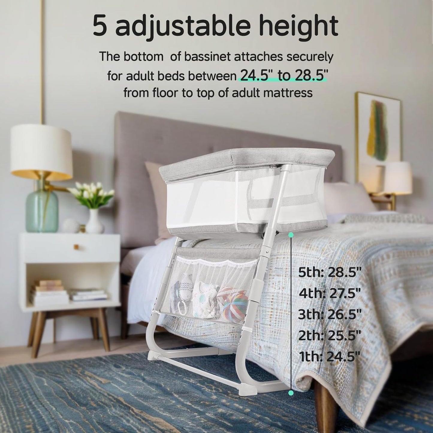 Cowiewie Bassinet Bedside Sleeper,Baby Bassinet Slides Over Bed,5-Position Height Adjustment & Breathable All-Mesh Wall Bedside Bassinet for Baby,Space-Saving Bedside Crib, Height(37.4-41.3"), White