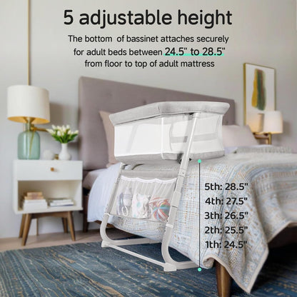 Cowiewie Bassinet Bedside Sleeper,Baby Bassinet Slides Over Bed,5-Position Height Adjustment & Breathable All-Mesh Wall Bedside Bassinet for Baby,Space-Saving Bedside Crib, Height(37.4-41.3"), White
