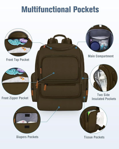 Mancro Diaper Bag Backpack, Large Multifunction Baby Backpack for Travel with Stroller Strap and 2 Insulated Pockets, Diaper Baby Bag for Mom, Dark Green