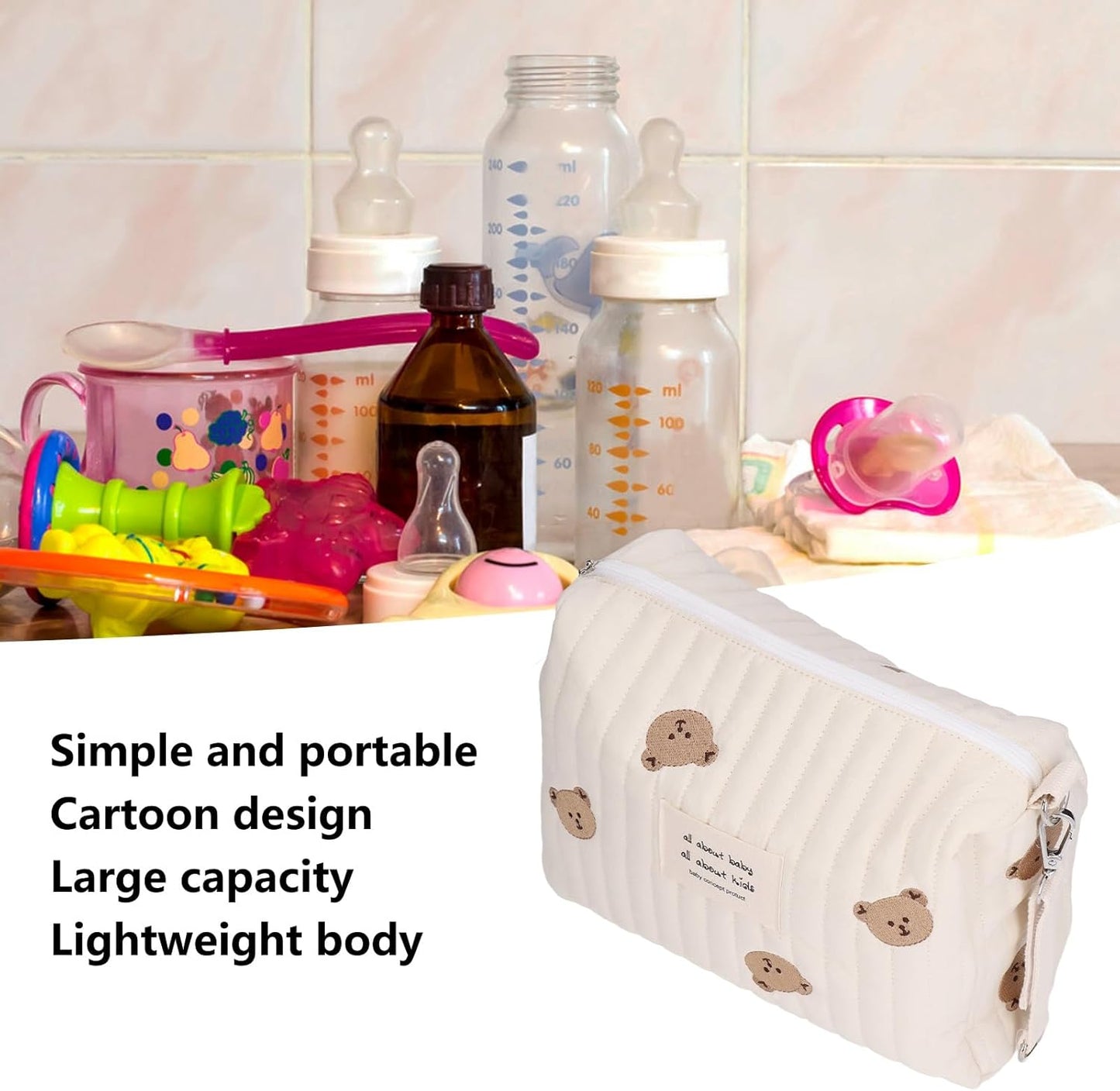 Diaper Bag, Bag Quilted Cotton Cute Pattern Nappy Diaper Storage Bag with Stroller Hooks Portable Stroller Baby Diaper Bag Diaper Bag Organizer Pouches for Baby Bottles