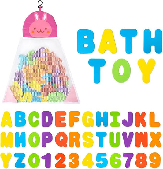 Bath Toys Organizer + 36 Soft Foam ABC 123 Letters & Numbers Bathroom Alphabet Baby Toys for Early Learning Foam Letters and Quick Dry Storage Net Bag for Baby Boys and Girls