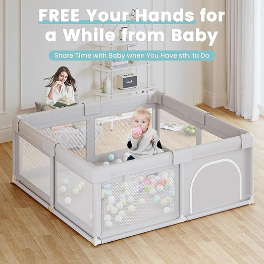 Hiaksedt 50 x 50 inch Baby Playpen with Ocean Balls and Pull Rings, Playpen for Babies and Toddlers, Baby Fence Playards, Safe Structure and Soft, Skin-Friendly Fabric with Zipper Gates.