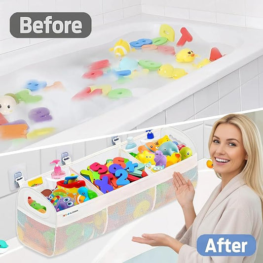 Bath Toy Storage Organizer for Bathtub – Large Bath Toy Holder & Bath Toy Net, Kids Bathtub Toy Storage Bag with 6 Strong Adhesive Hooks, Quick-Dry Mesh Bathroom Toy Holder for Tub & Shower
