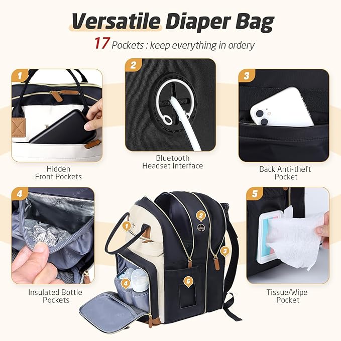 Diaper Bag Backpack - Extra Large Diaper Bag for 2 Kids Twin, Travel Baby Bags for Mom Dad 25-37L Expandable with Changing Pad Earphone Hole, Apricot Black