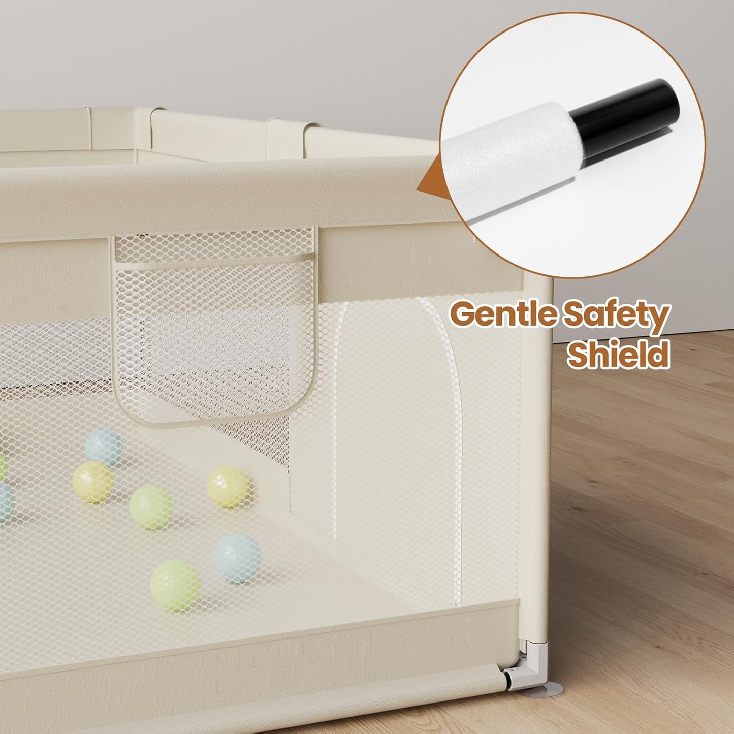 Uanlauo Beige Small Baby Playpen - 47x47in Playpen for Babies and Toddlers, Safe Indoor Play Pen, Baby Pen with Storage Bag and Breathable Mesh
