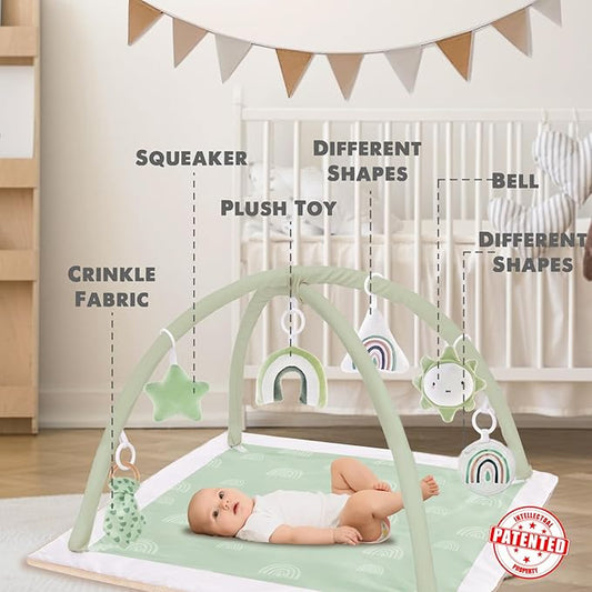 Mallify Washable Tummy Time Mat, Baby Play Gym with 6 Featured Toys, Baby Gym for Infant & Toddler, Larger Baby Play Mat, Deluxe Baby Play Mats for Floor, Sensory and Motor Skill Development, Green