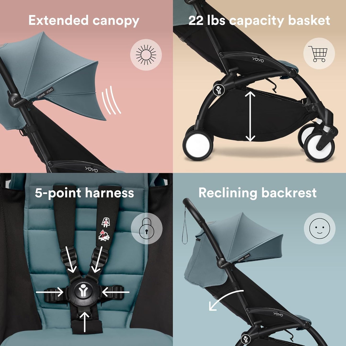 Stokke YOYO3 Stroller from 6 Months - Includes Black Frame, Seat Cushion & Canopy - Folds in & Out in a Flash - Light & Compact - Carry-On Compatible
