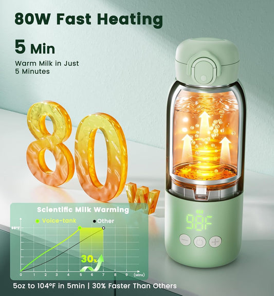 Portable Bottle Warmer for Travel 12oz– 80W Fast Heating, 316 Stainless Steel, 11400mAh Rechargeable Precise Temp Control & LED Display Safety Lock Cordless Travel Warmer for Baby Breastmilk & Formula