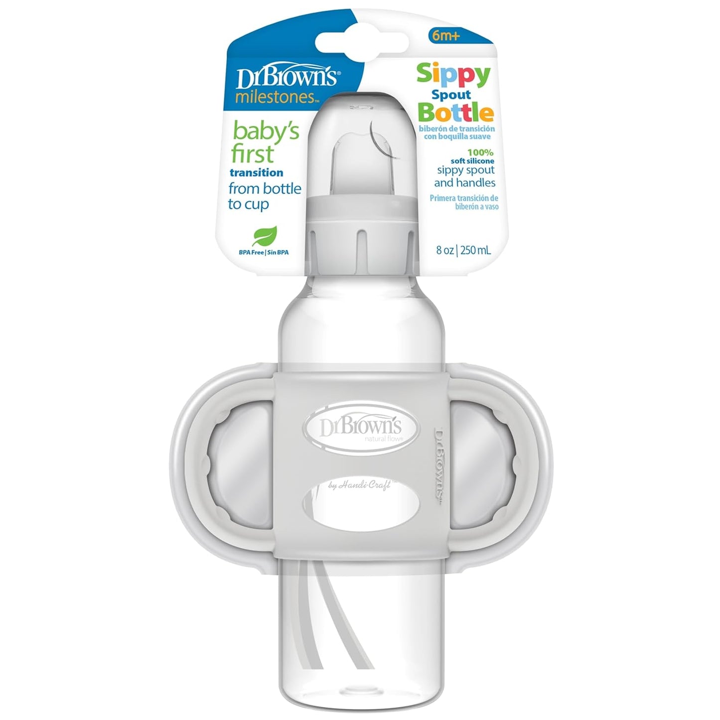 Dr. Brown's Milestones Narrow Sippy Spout Bottle with 100% Silicone, Easy-Grip Handles and Soft Sippy Spout, 8oz/250mL, Light Pink and Ecru, 2-Pack, 6m+