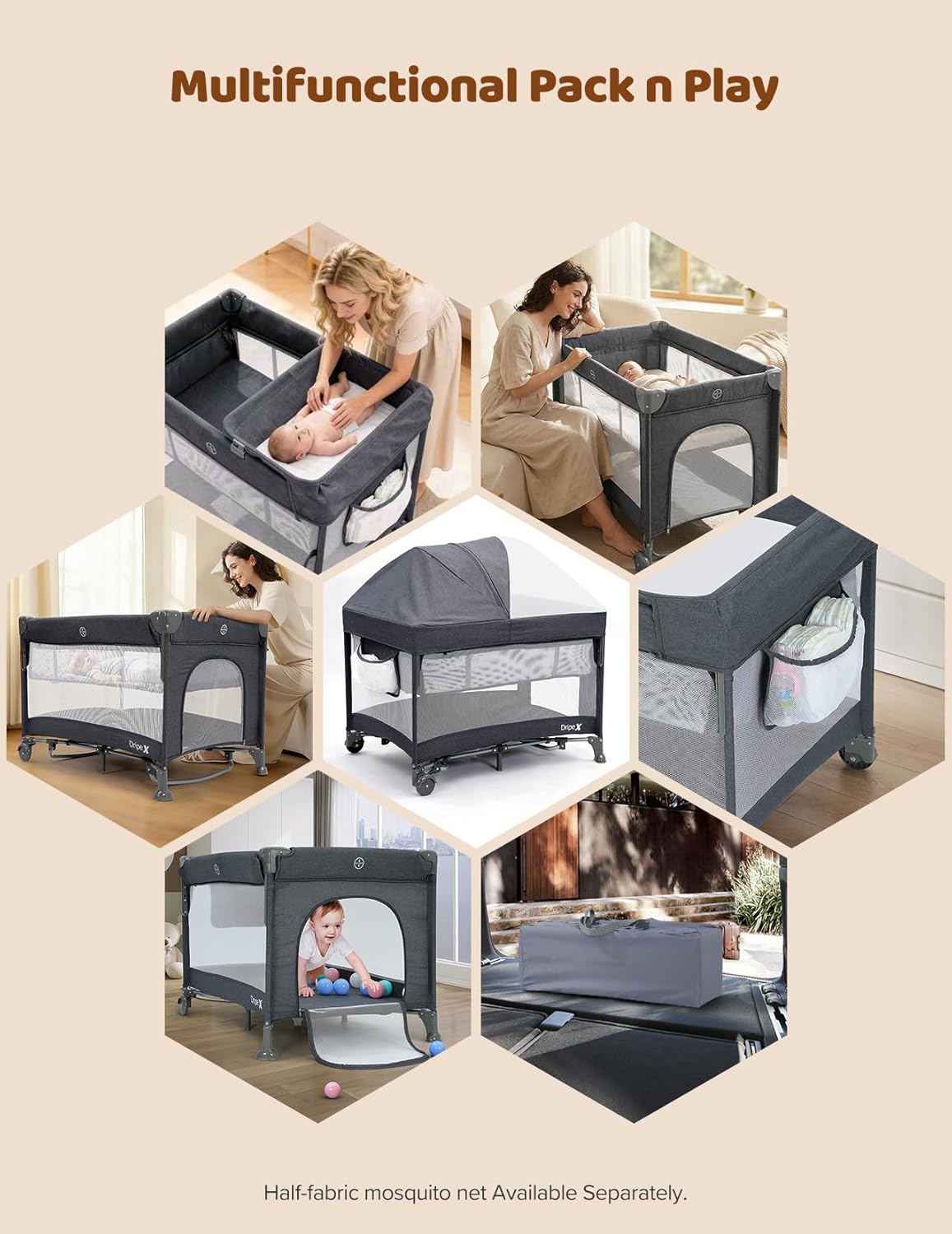 Dripex 5 in 1 Pack n Play Bedside Sleeper, 2-Level Height Baby Crib, Storage Pocket & Breathable Mesh - Foldable Portable Baby Bedside Bassinet for 0 to 12 Months (Travel/Home), Dark Grey
