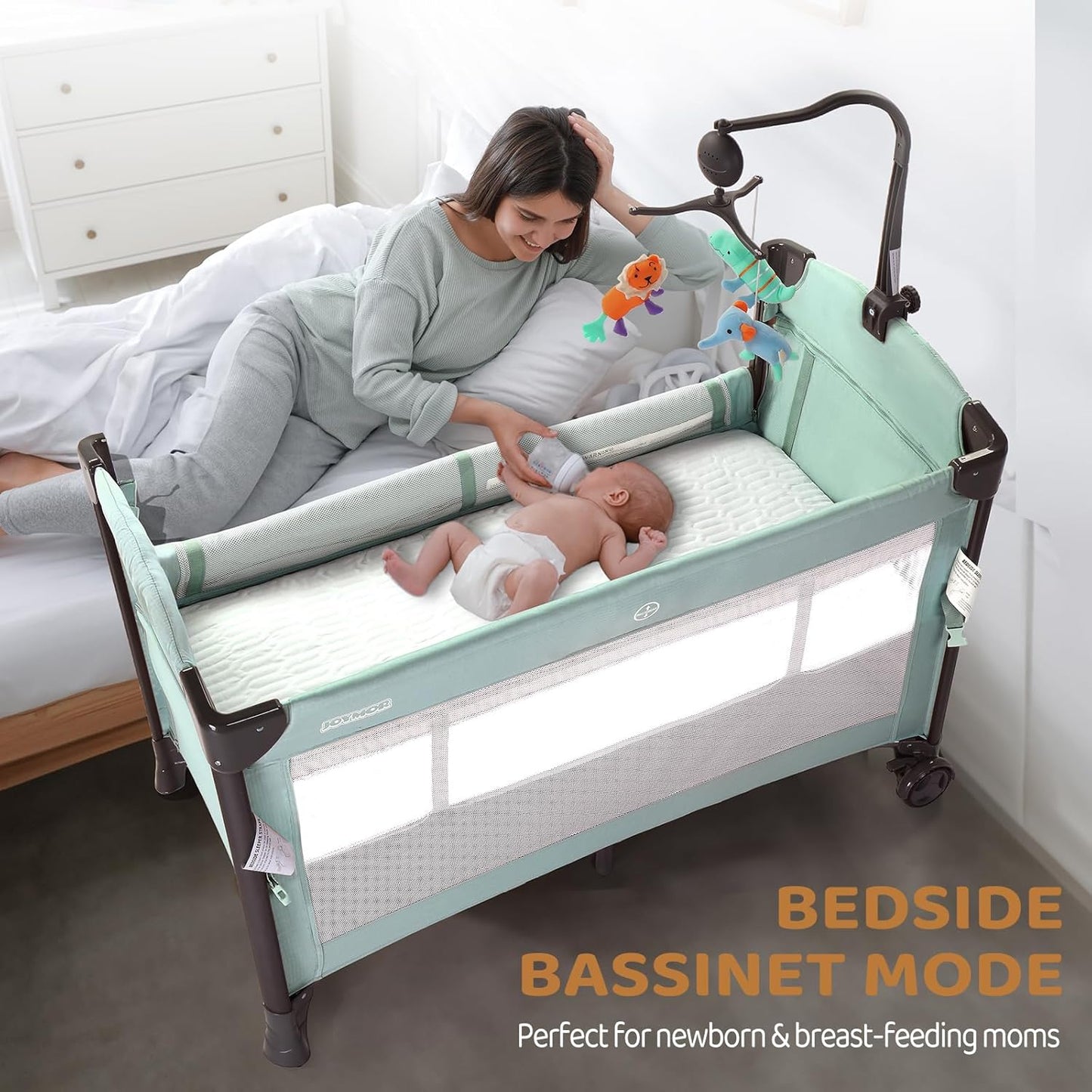 JOYMOR Baby Bassinet, Pack and Play with Bassinet and Carry Bag, Convert to Bedside Sleeper with Wheels for Boys Girls (Green)