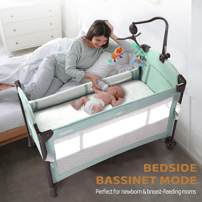 JOYMOR Baby Bassinet, Pack and Play with Bassinet and Carry Bag, Convert to Bedside Sleeper with Wheels for Boys Girls (Green)