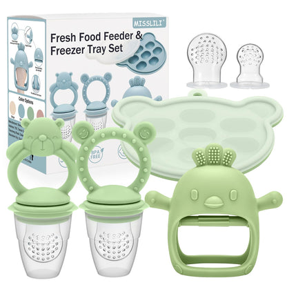 MISSLILI Baby Silicone Fruit Food Feeder Pacifier & Breastmilk Popsicle Freezer Molds,BPA Free Baby Food Storage Containers Frozen Ice Tray for Baby Feeding Safely, Infant Fruit Teething Toy (Blue)