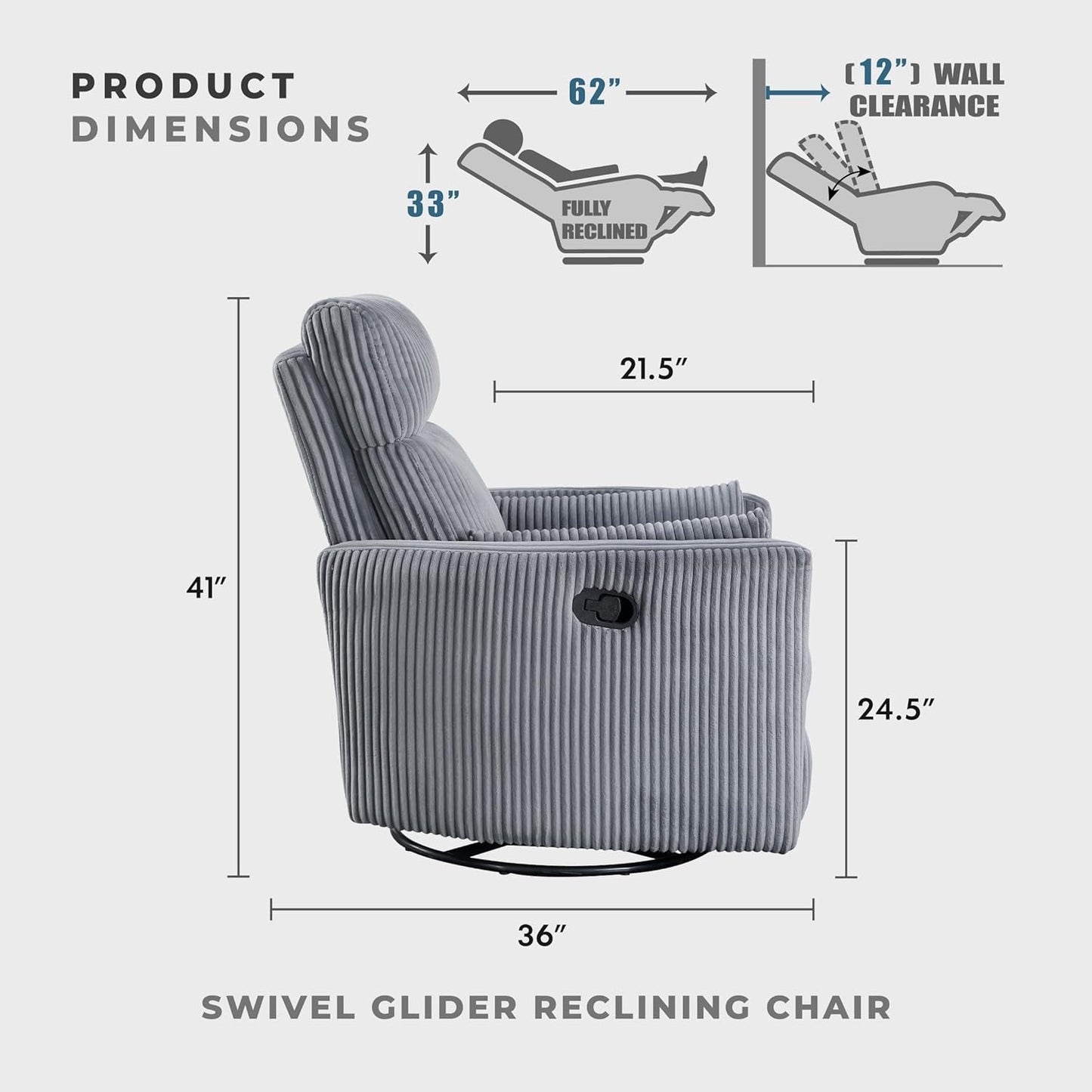 Lexicon Modern Swivel Glider Recliner Chair, Nursery Glider, Corduroy Fabric Upholstery Recliner with 2 Lumbar Pillows, Manual Reclining Sofa Chair for Living Room/Office/Apartment, Beige