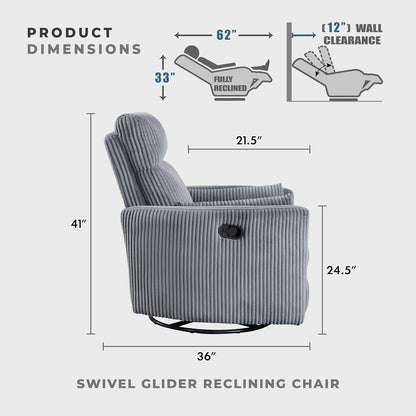 Lexicon Modern Swivel Glider Recliner Chair, Nursery Glider, Corduroy Fabric Upholstery Recliner with 2 Lumbar Pillows, Manual Reclining Sofa Chair for Living Room/Office/Apartment, Beige