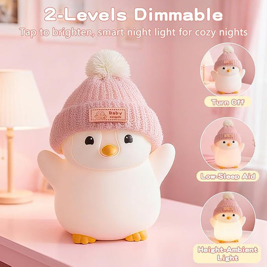 FAMIDUO Penguin Night Light, Cute Pink Penguin Lamp with Knit Hat, Soft Silicone Nursery Nightlight for Baby, Rechargeable/Dimmable/Timer,LED Squishy Novelty Animal Bedside Lamp,Funny Gifts for Kids