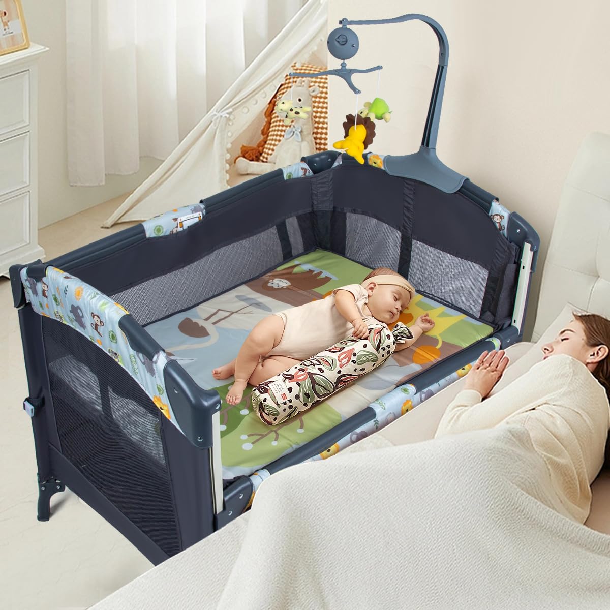 SIMPLGIRL 5-in-1 Baby Bassinet Bedside Crib, Pack and Play Long Next to Parents Bed Crib, Foldable Playard, Playpen Travel Bed Nursery Center for Girl Boy Infant Newborn