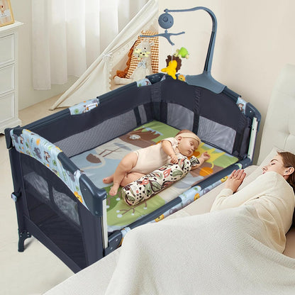 SIMPLGIRL 5-in-1 Baby Bassinet Bedside Crib, Pack and Play Long Next to Parents Bed Crib, Foldable Playard, Playpen Travel Bed Nursery Center for Girl Boy Infant Newborn
