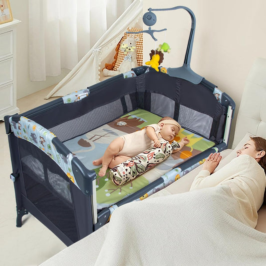 SIMPLGIRL 5-in-1 Baby Bassinet Bedside Crib, Pack and Play Long Next to Parents Bed Crib, Foldable Playard, Playpen Travel Bed Nursery Center for Girl Boy Infant Newborn