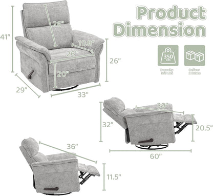 Oversized Swivel Rocker Recliner with Adjustable Headrest, Rocking Chair Nursery with Overstuffed Armrest, Manual Rocker Recliner Nursery Chair for Living Room, White