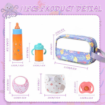 CARANOVO Baby Doll Accessories Set – 7 Pcs Feeding and Caring Set with Magic Disappearing Bottles, Pacifier, Diapers and Bibs Doll Pretend Play Gift for Kids
