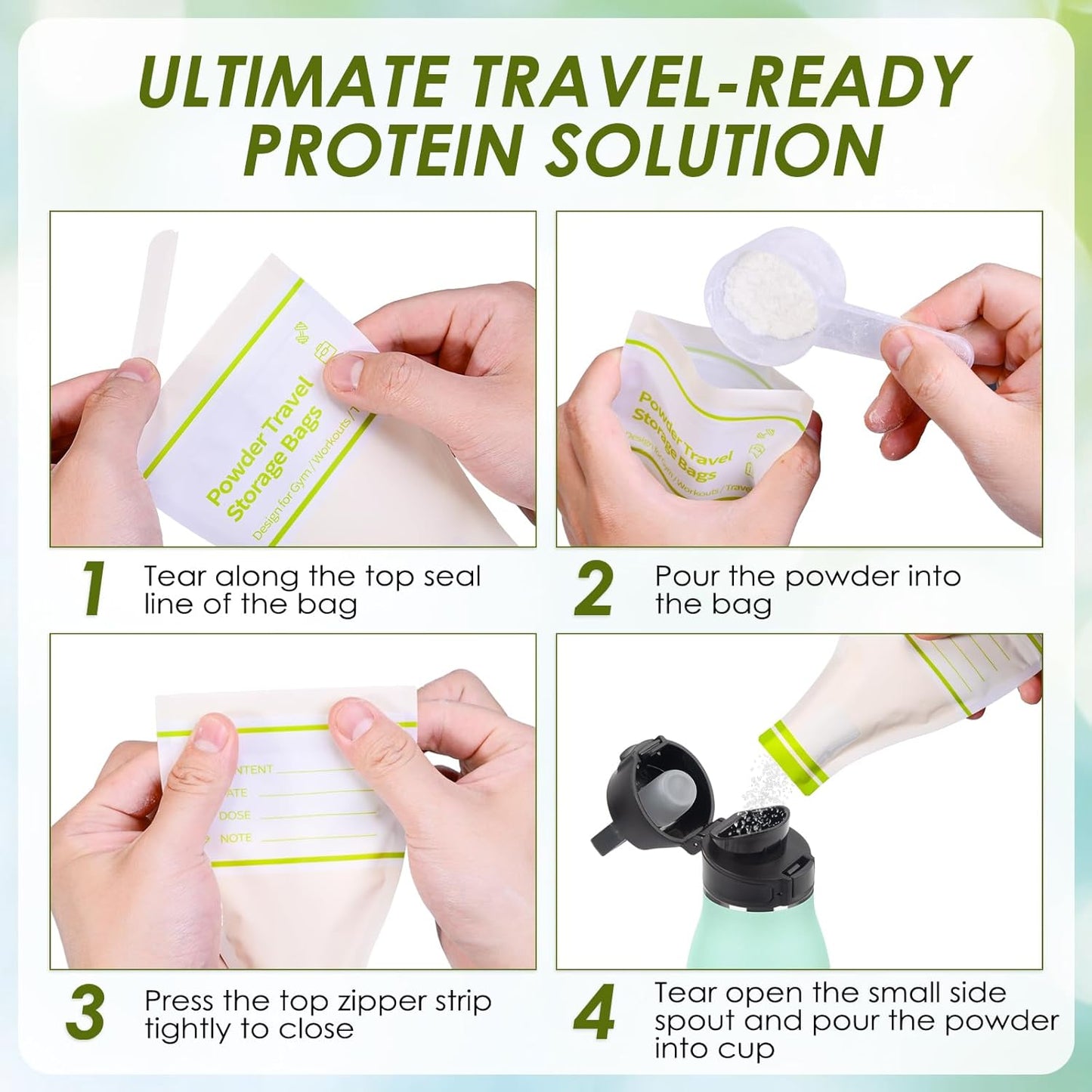 Disposable Protein Powder Travel Container Bags – 60Pcs Leakproof Single-Use Travel Powder Bags, Mess-Free Powder Travel Container for Gym, Workouts, Travel, On-the-Go Lifestyles