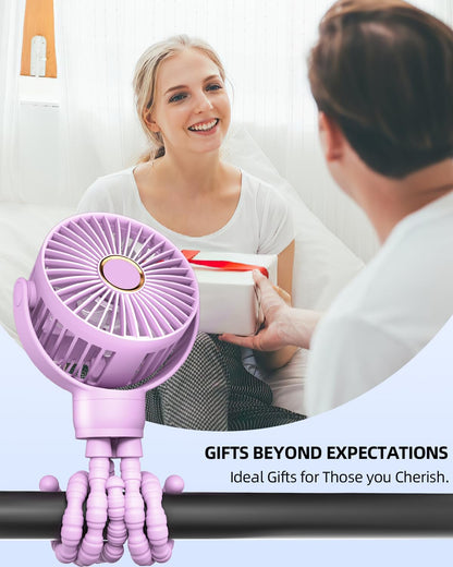 Portable Stroller Mini Fan, Small Rechargeable Personal Fan, Baby Travel Essentials for Wagon, Car Seat, Treadmill, Battery Powered Biking Gear Accessories, 360° Rotation, 3-Speed, Display, Black