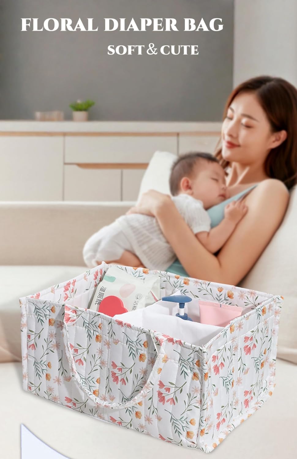 Diaper Caddy Organizer,Cute Floral Nursery Storage Basket,Soft Portable Changing Table Car Caddy Organizer Gift (Floral B)