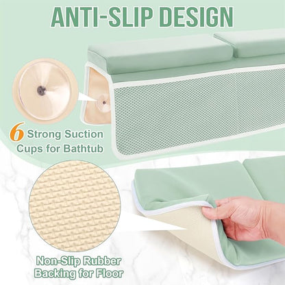 Bath Kneeler and Elbow Rest Pad Set, Thick and Quick Dry Kneeling Pad Support for Knee and Arm, Extra Large Baby Bath Kneeler Pads Bathtub Mat with Toys Organizer for Baby Bath Time, Grey Green