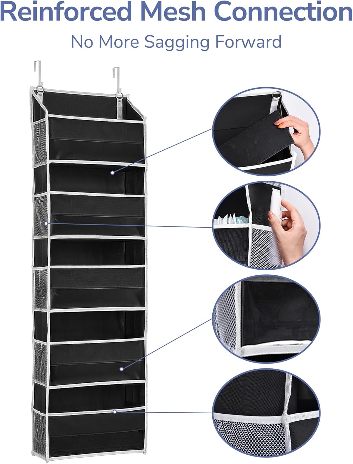 ULG 1 Pack Over Door Organizer with 5 Large and 10 Mesh Side Pockets, 44 lbs Weight Capacity Hanging Storage with Clear Window Kids Toys, Shoes, Diapers, Dark Grey, 5 Layers