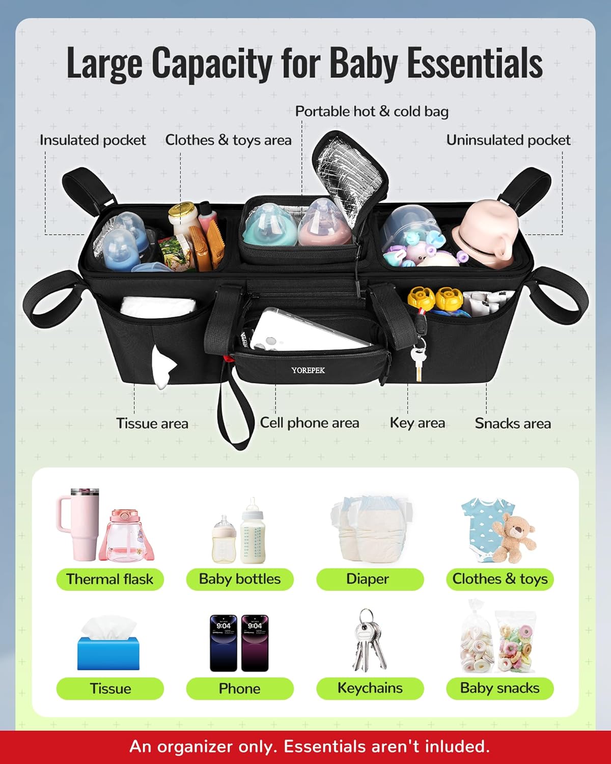 YOREPEK Heavy Duty Double Stroller Organizer for Bob Duallie, Baby Jogger City Mini GT2 and Jeep,Stroller Caddy with Detachable Cooler Bag and Handbag,Stroller Storage Attachment for Baby Accessories